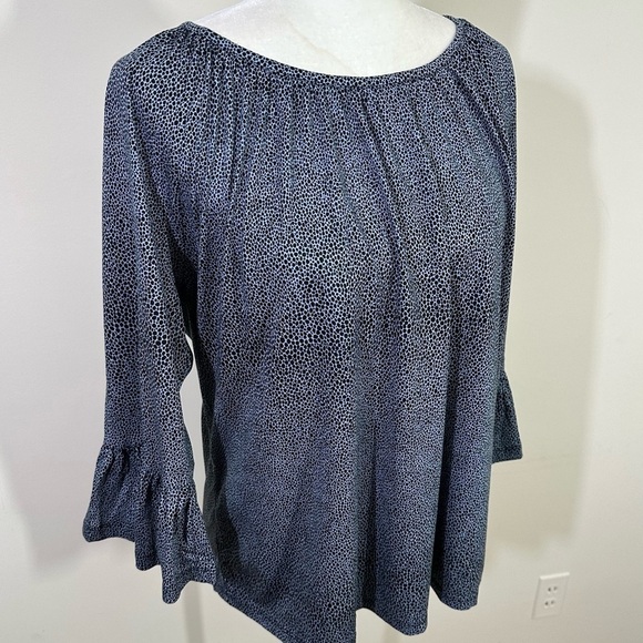 Michael Kors sz lg top in blues tone neckline has gathers 3/4 sleeve ruffle edge - Picture 1 of 14